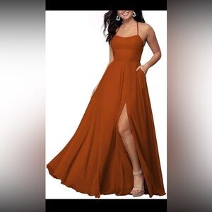 Women Chiffon Bridesmaid Burnt Orange Slit Pockets Formal Evening Gown Sz 16w